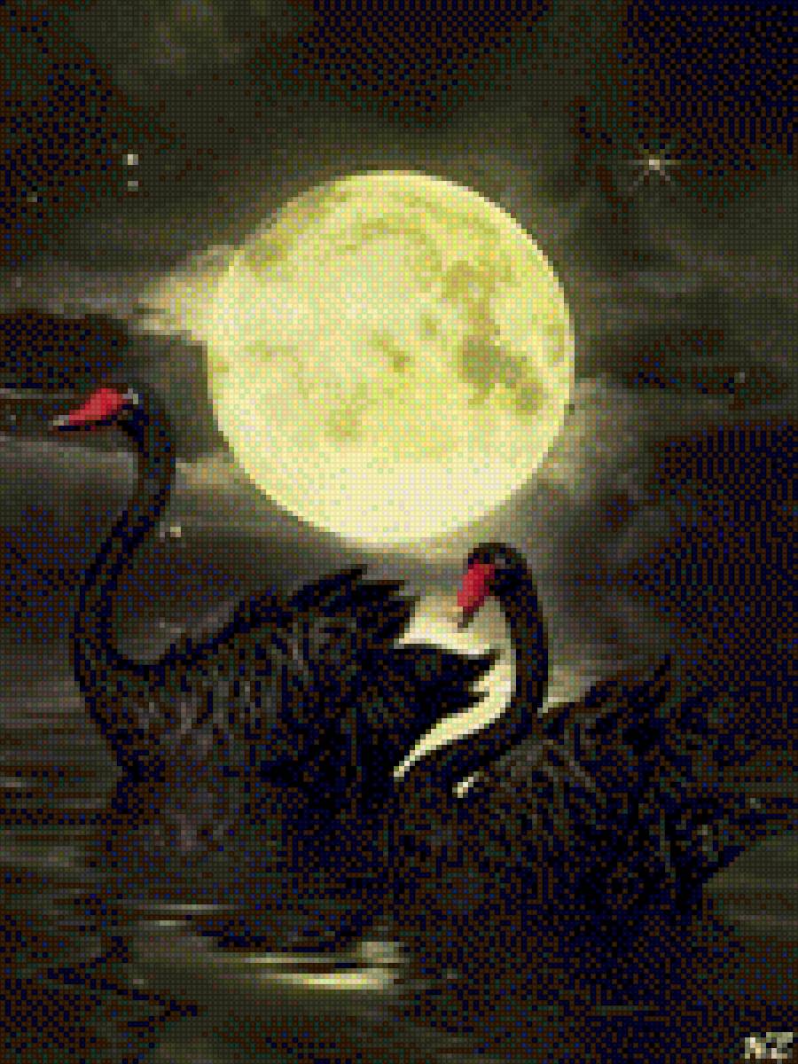 Лебеди под луной - луна, лебеди, полнолуние - предпросмотр