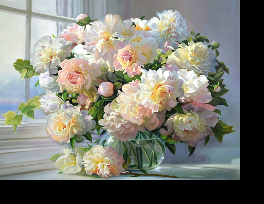 Букет на окне. - цветы, букет, пионы, окно - оригинал