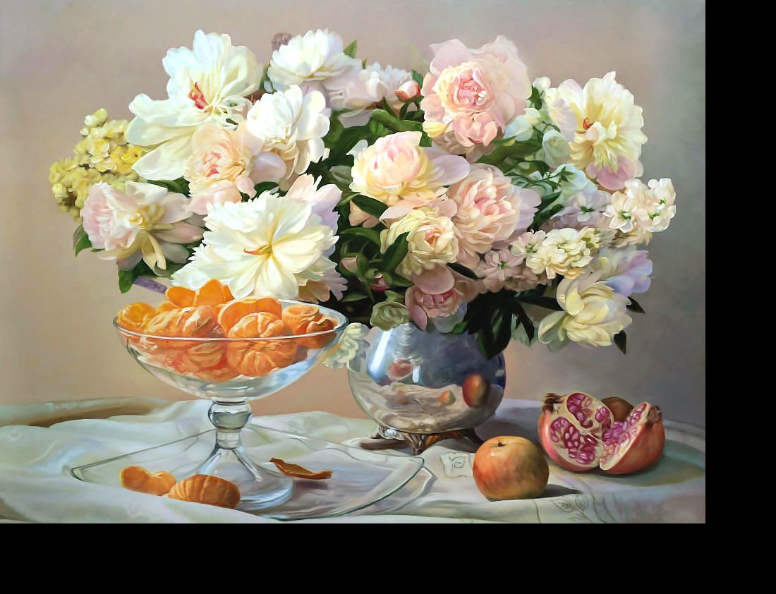 Натюрморт. - мандарины, пионы, натюрморт, фрукты, гранат - оригинал