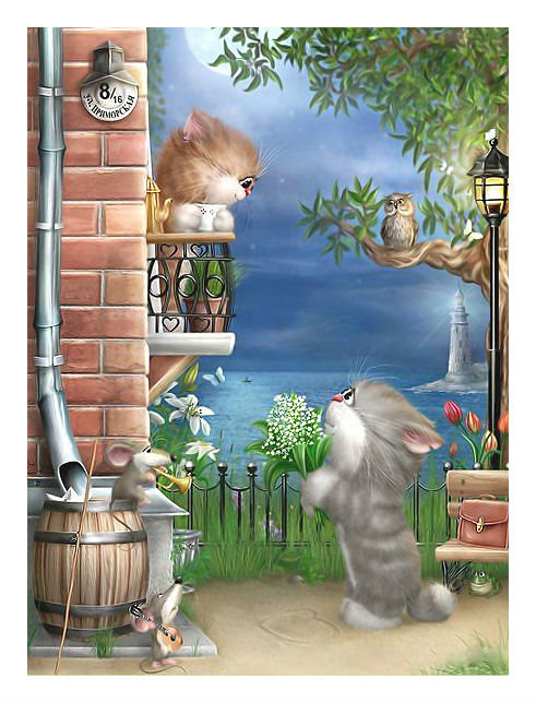 Романтичные котики. - сова, серенада, детская, коты, мыши - оригинал