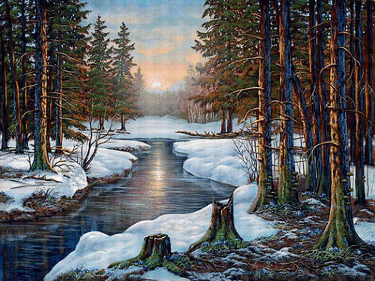 Зимний пейзаж - река, лес, зима, снег - предпросмотр