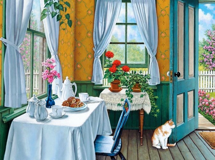 Уютный уголок - интерьер, сервиз, цветы, стол, котик, окно - оригинал