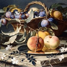 PEACHES AND PLUMS IN A WICKER BASKET, PEACHES ON A SILVER DISH