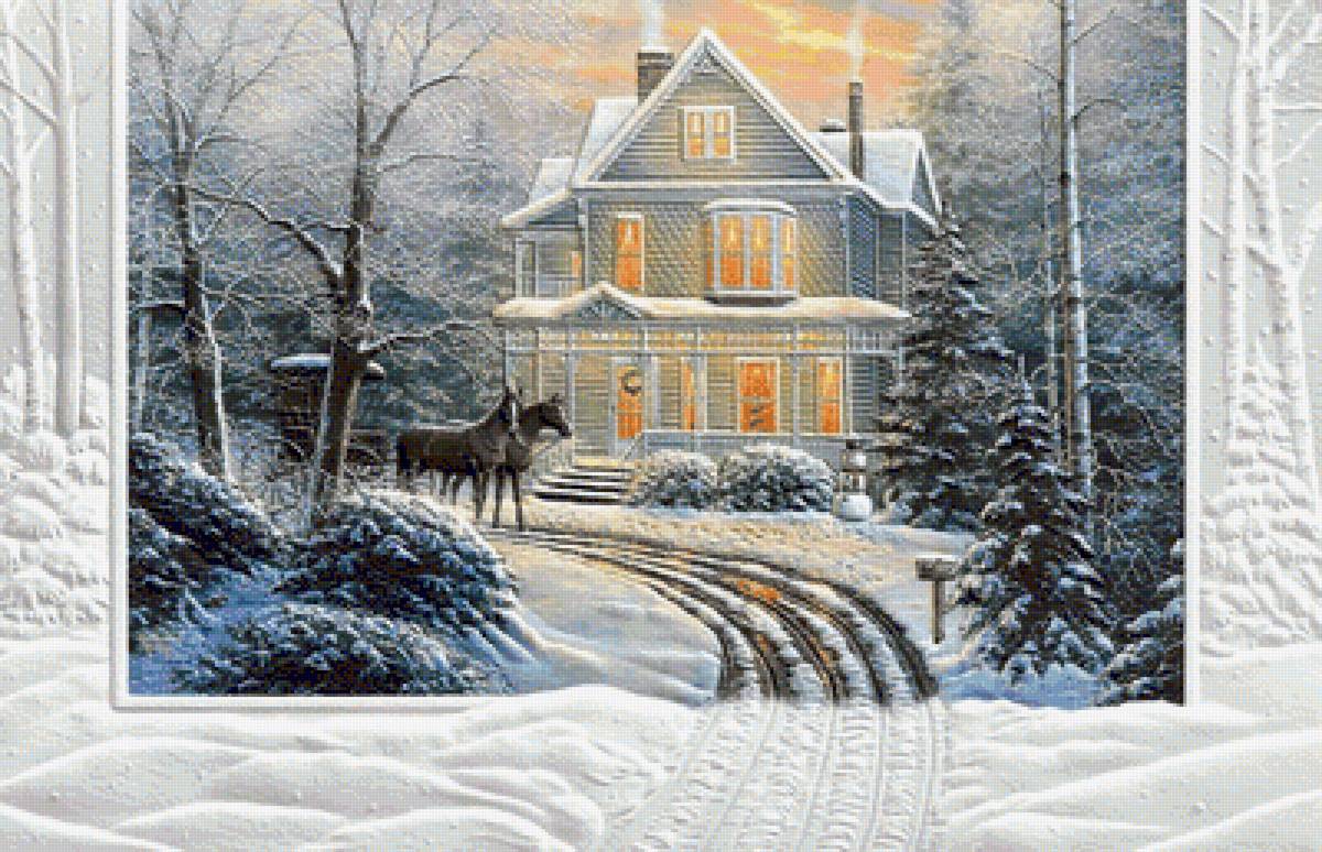№1974492 - вечер, деревья, дом, снег. картина, зима - предпросмотр