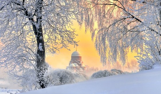 зимнее утро - пейзаж, утро, зима, деревья, храм, иней - оригинал