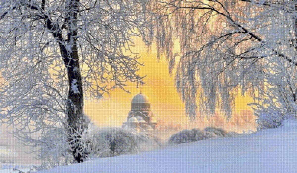 зимнее утро - храм, иней, пейзаж, зима, утро, деревья - предпросмотр