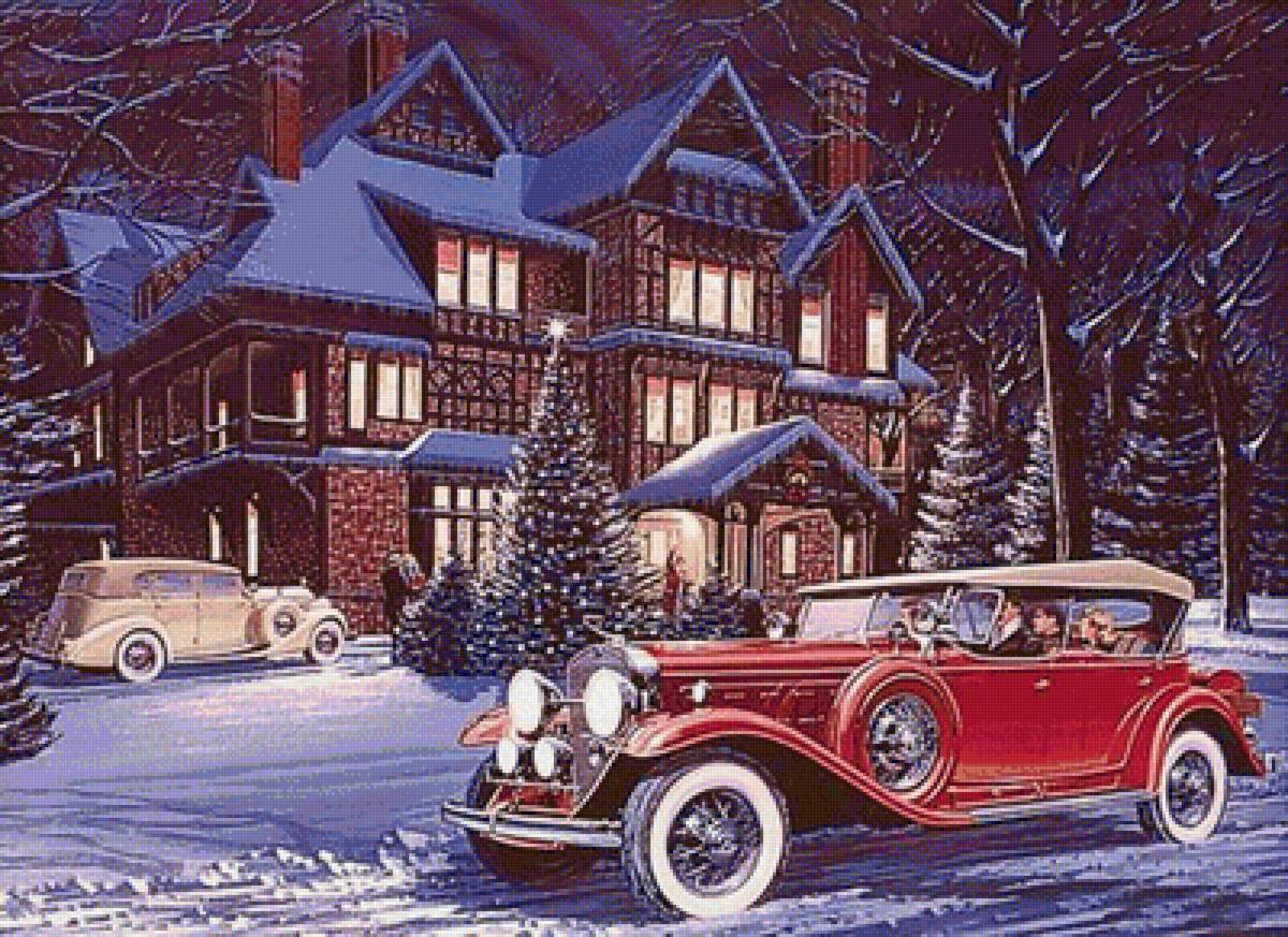 №1974521 - деревья, ночь, зима, елки, машина, дом - предпросмотр