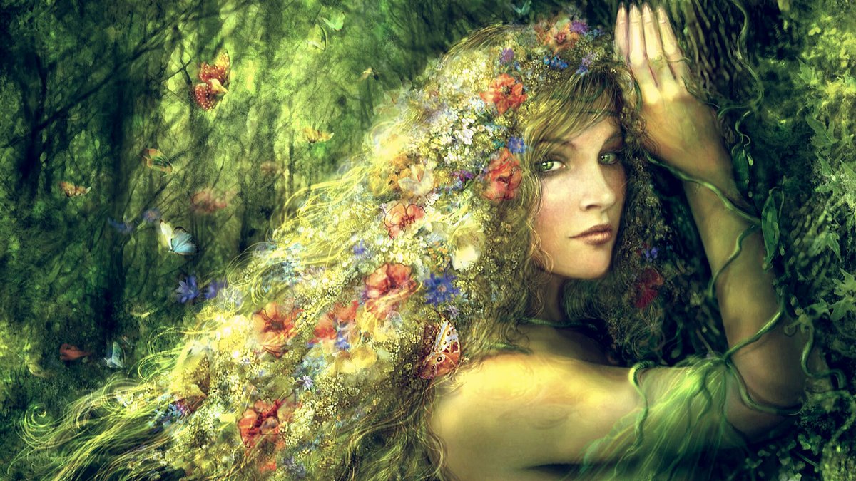 Дриада с цветами в волосах - женщина, нимфа, девушка, сказочная царевна, дриада - оригинал