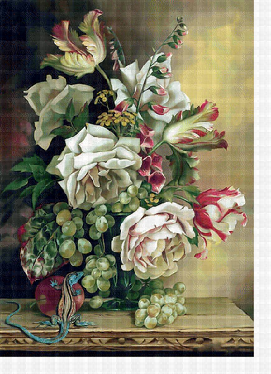 Натюрморт с ящеркой. - цветы, натюрморт, виноград, ящерица, букет - предпросмотр