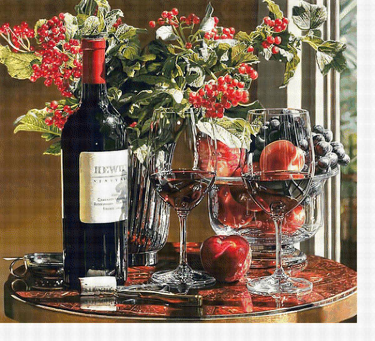 Натюрморт с калиной и вином. - натюрморт, ягоды, вино, бокал - предпросмотр