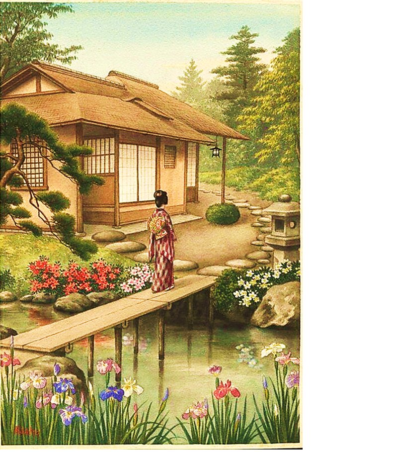Японский дворик - река, дом, азия, мост - оригинал
