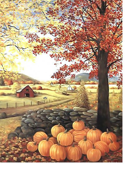 Осенний пейзаж с тыквами. - пейзаж, осень, тыквы, листва - оригинал