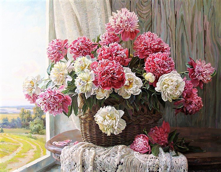 у окна пионы - живопись, цветы, пейзаж - оригинал