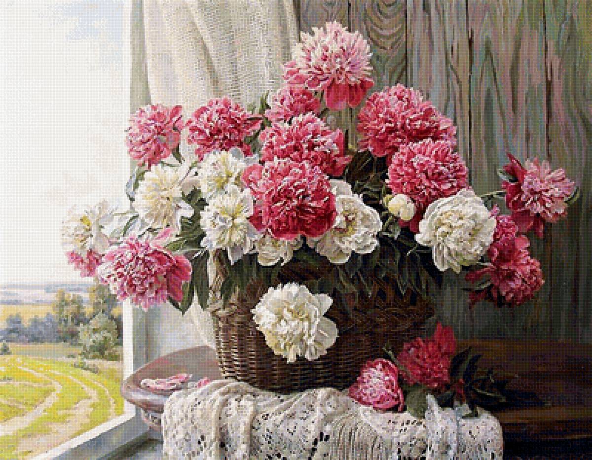 у окна пионы - цветы, живопись, пейзаж - предпросмотр