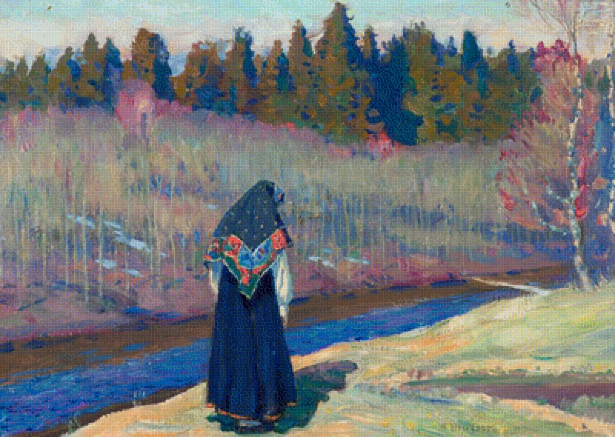 Россия Нестеров Одинокая - одиночество, девушка, русь, пейзаж, скромность - предпросмотр