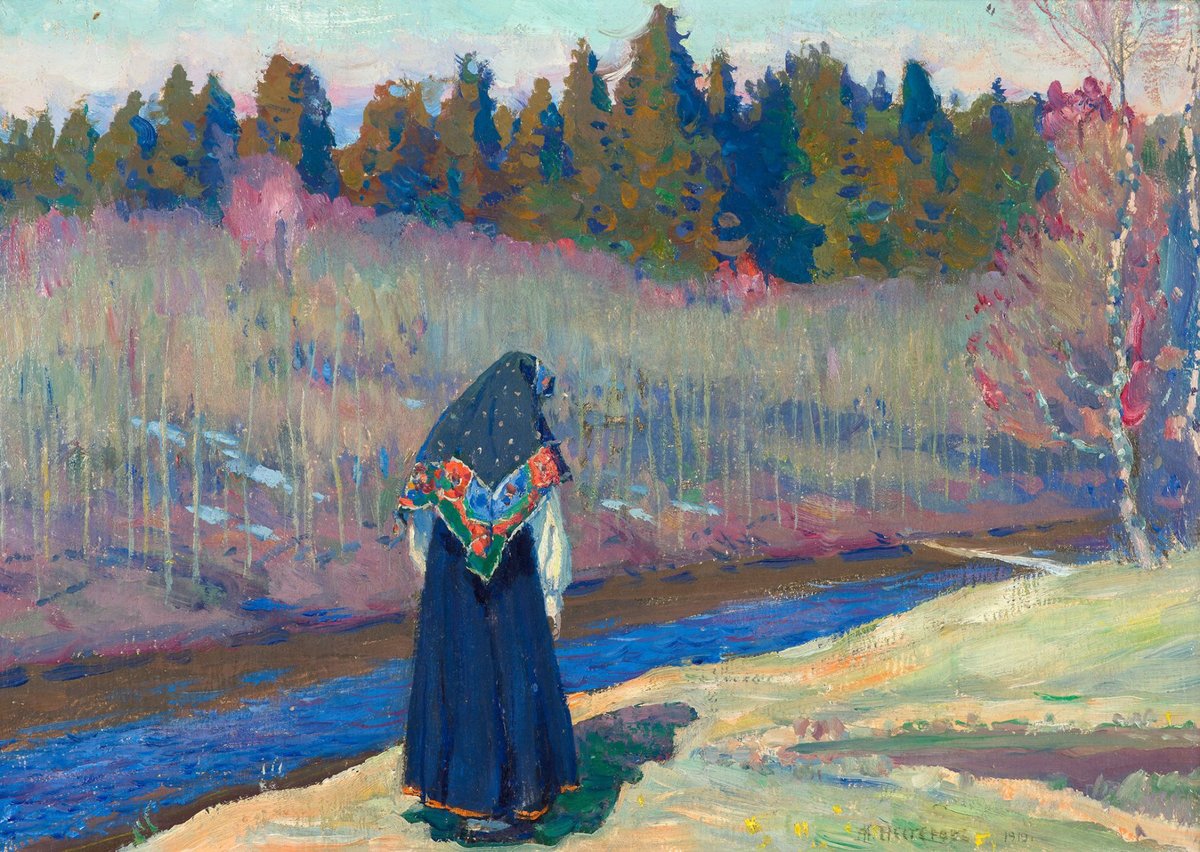 Россия Нестеров Одинокая - девушка, живопись, пейзаж, русь, одиночество, скромность - оригинал