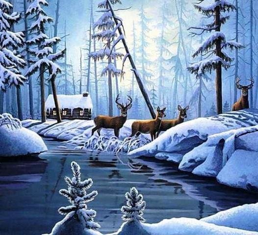 зимний лес - домик, лес, зима, олени, река - оригинал