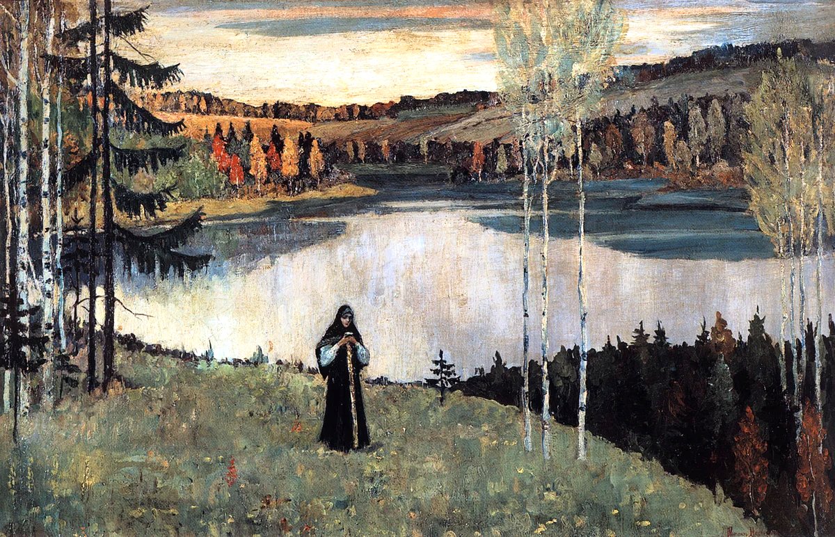 Россия Нестеров Река - пейзаж, одиночество, скромность, девушка, живопись, русь - оригинал