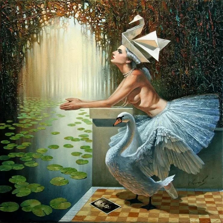 Девушка с лебедем - фантазия, пейзаж, иллюзия, девушка с лебедем - оригинал