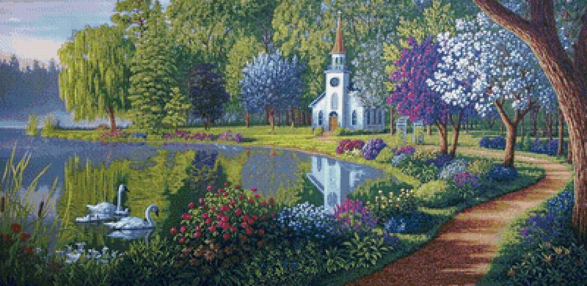 №1975285 - цветы, деревья, пруд, дорожка, парк, лебеди - предпросмотр