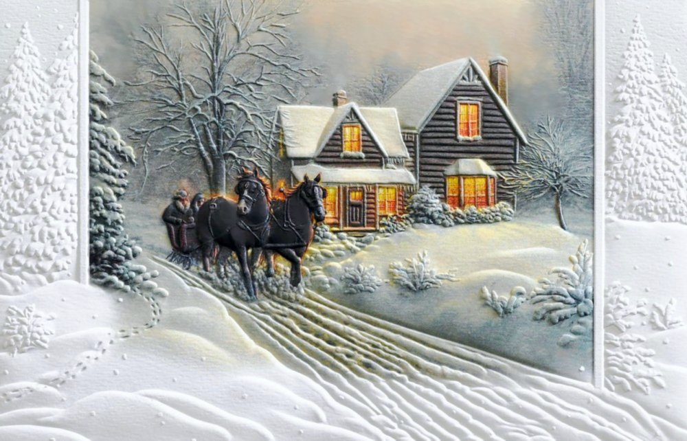 зимний вечер - зима, дом, деревья, лошади, пейзаж, вечер - оригинал