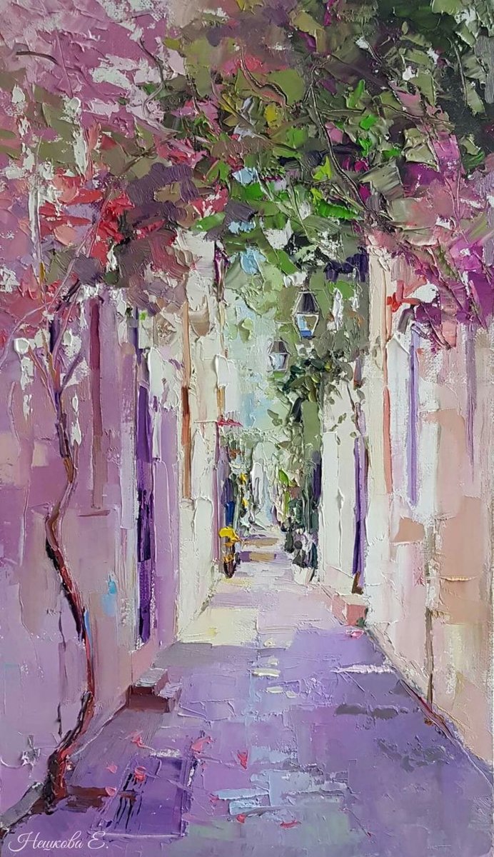 Сиреневая аллея, дерево и фонарь, легкая схема - деревои фонарь, пейзаж, импрессионизм, мастихин, сиреневая аллея - оригинал