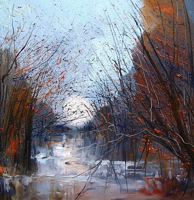 Осенний пейзаж, импрессионизм - вода, осенний пейзаж, современная живопись, кусты, деревья - оригинал