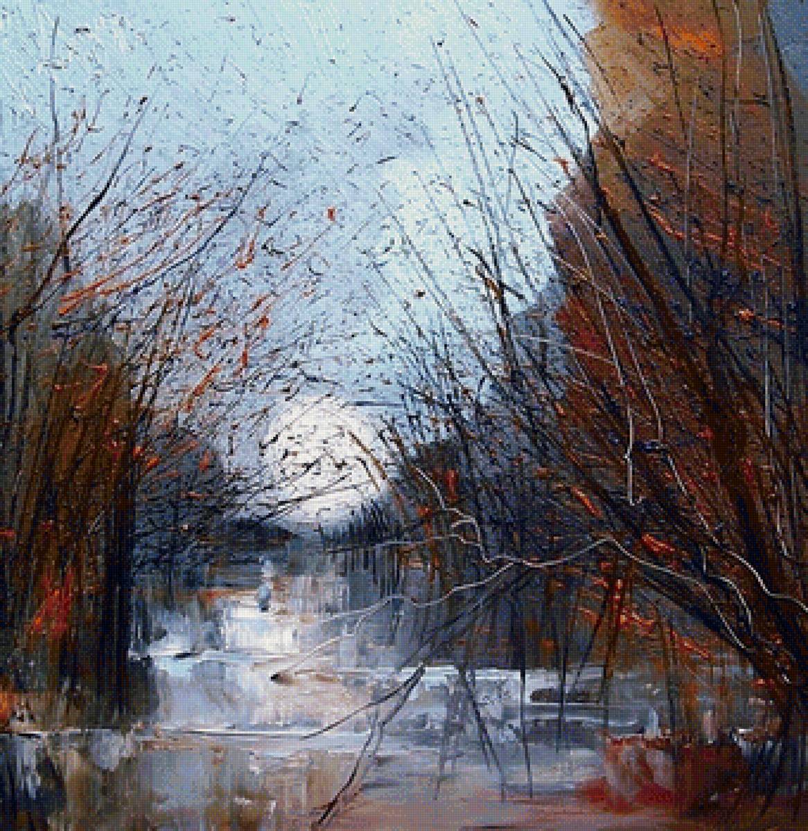 Осенний пейзаж, импрессионизм - современная живопись, осенний пейзаж, кусты, деревья, вода - предпросмотр