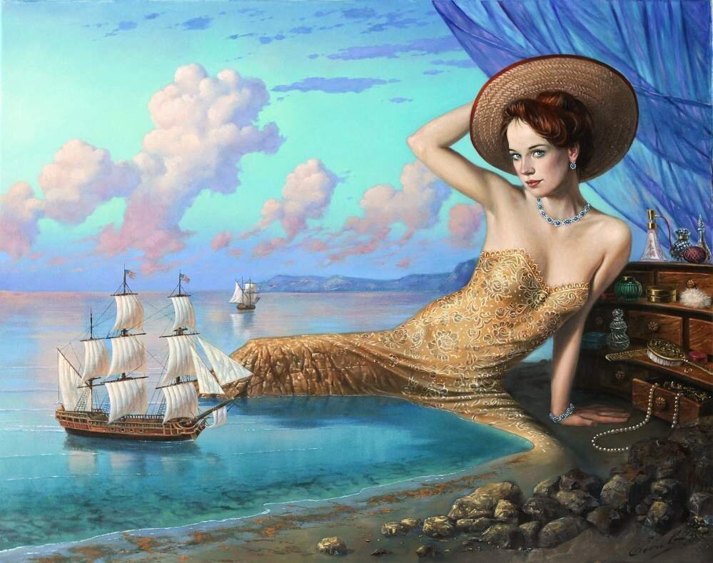 Леди на море, фантазия - современная живопись, леди на море, девушка, фантазия, корабль - оригинал