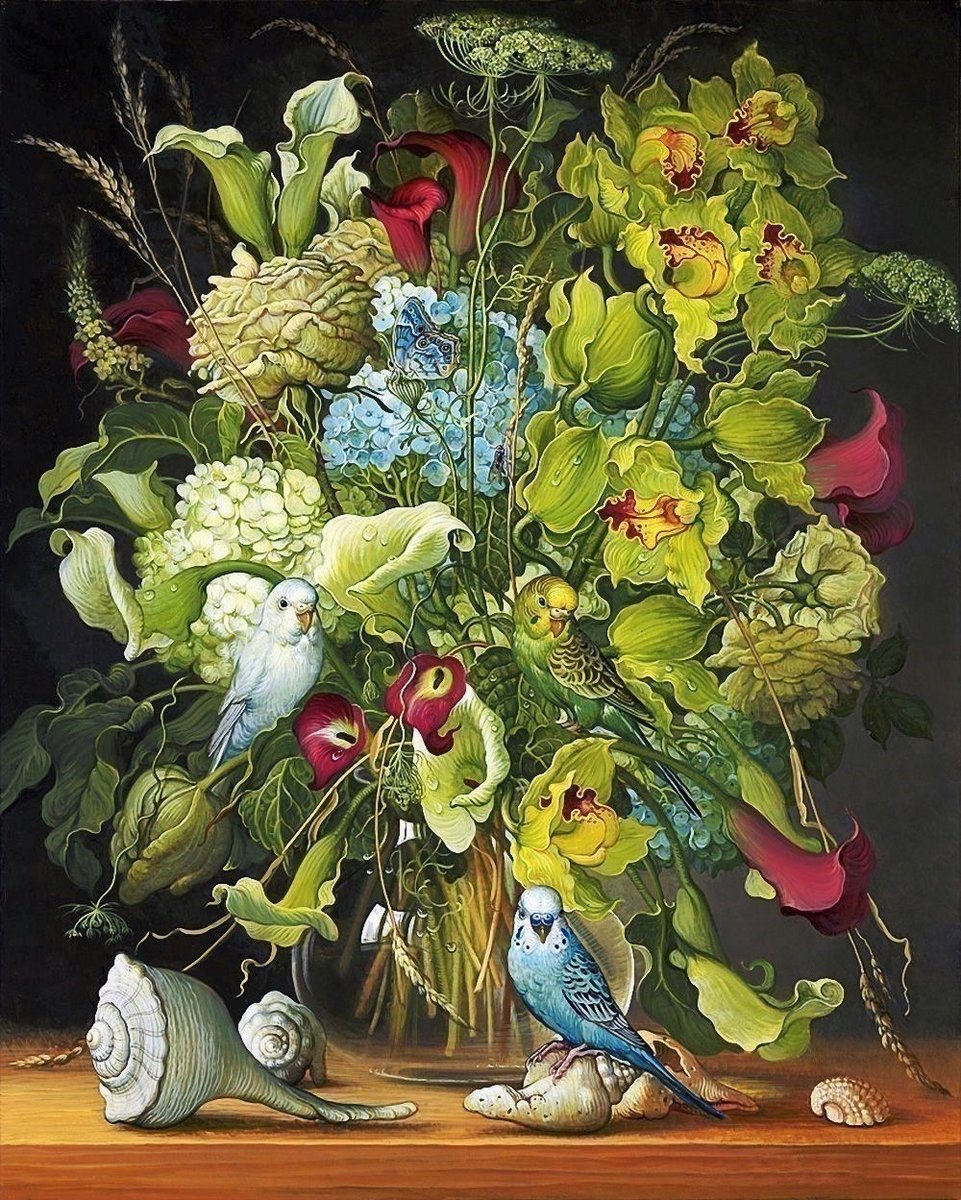 №1975874 - ваза, живопись, цветы, птицы, букет - оригинал