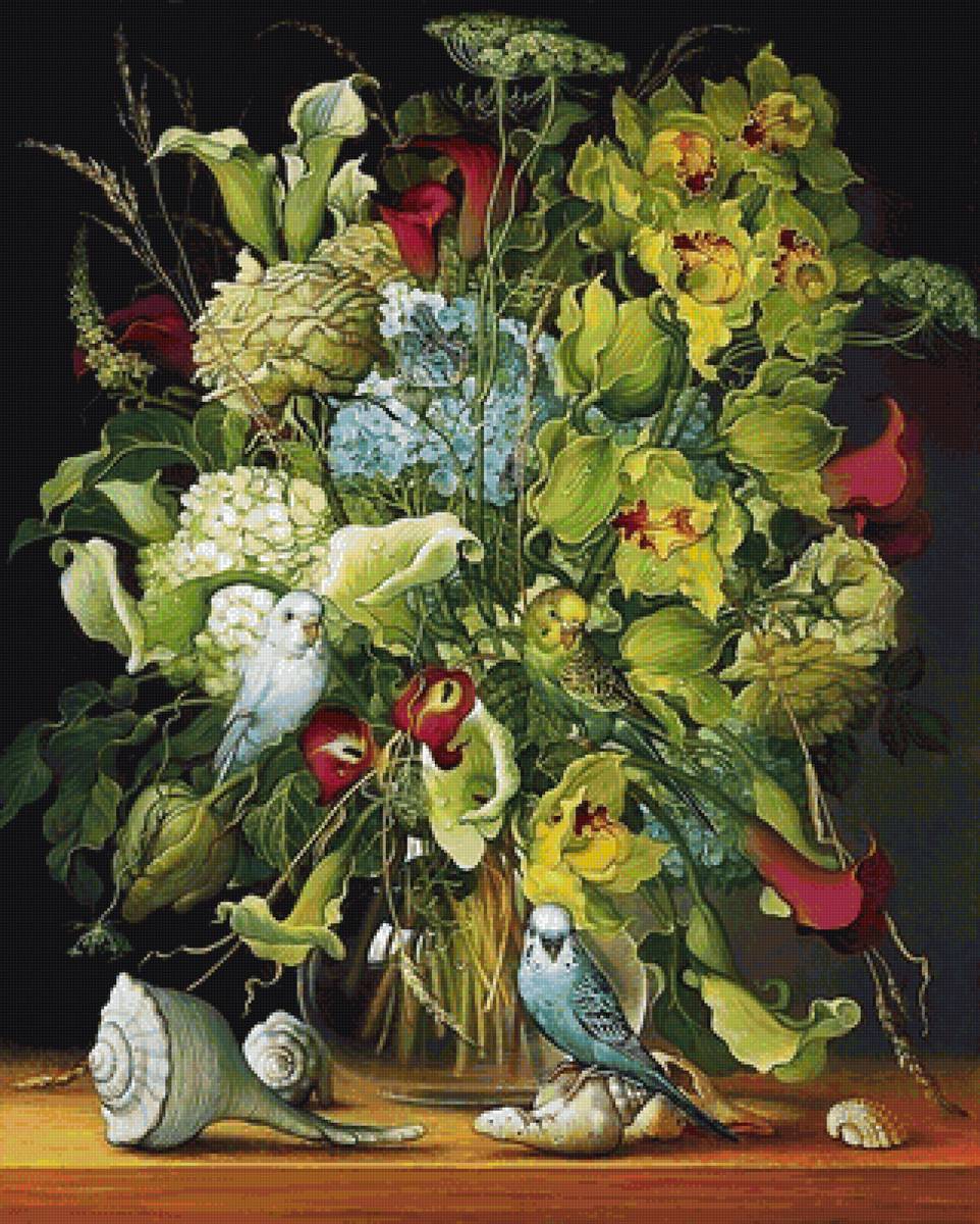 №1975874 - цветы, живопись, букет, ваза, птицы - предпросмотр