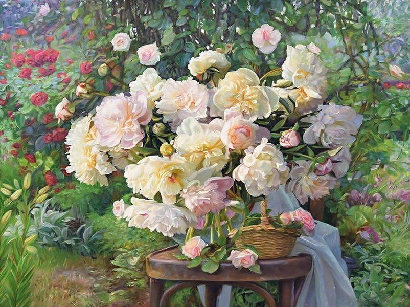 Пионы в саду. - цветы, пионы, живопись, букет, ваза, картина, сад - оригинал