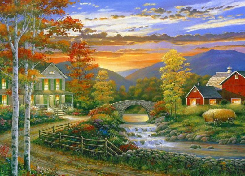 осенний вечер - деревья, река, осень, мостик, вечер, домик - оригинал