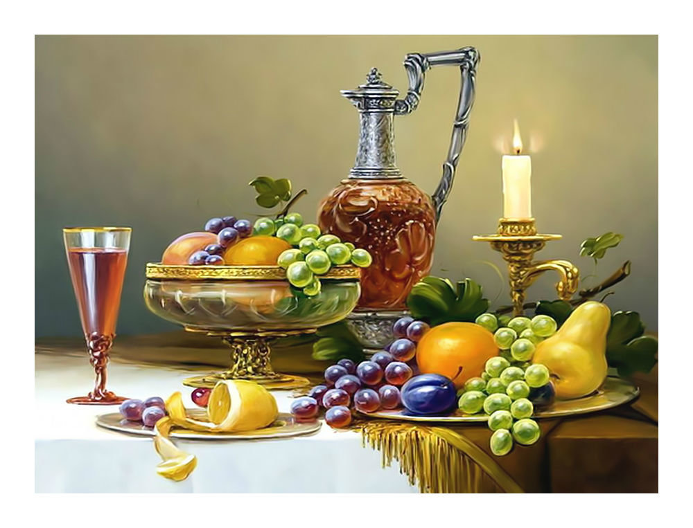 Натюрморт со свечой. - сливы, груши, свеча, натюрморт, фрукты, виноград, мандарин - оригинал
