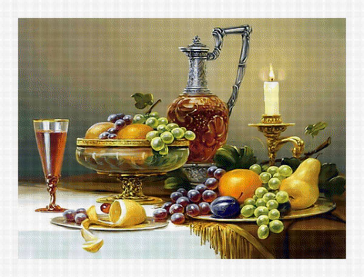 Натюрморт со свечой. - мандарин, натюрморт, сливы, фрукты, свеча, груши, виноград - предпросмотр