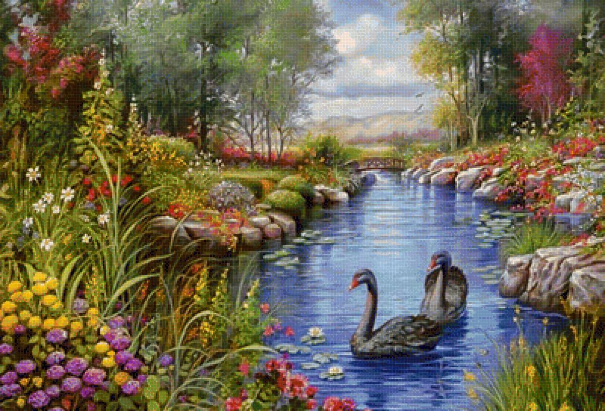 Pond of Swans. - scenarys.flowers and gardens.birds. - предпросмотр