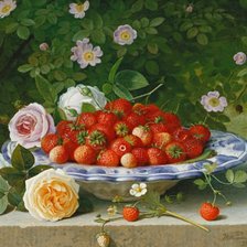 схема вышивки «strawberries in a blue and white buckelteller with roses and swe»