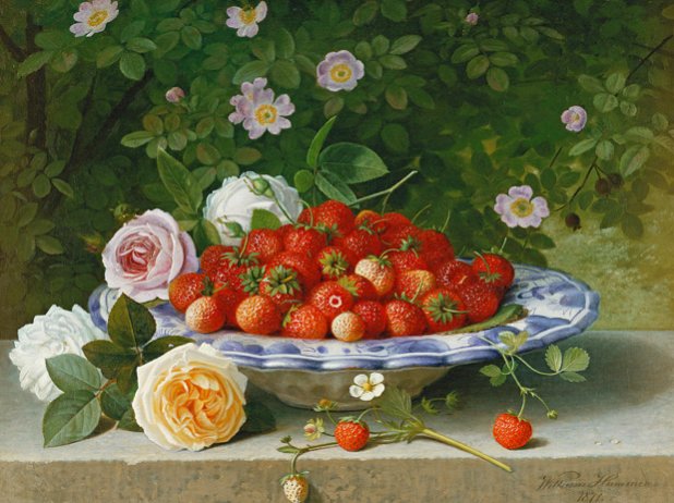 STRAWBERRIES IN A BLUE AND WHITE BUCKELTELLER WITH ROSES AND SWE - by william hammer (1821-89), натюрморт для кухни - оригинал