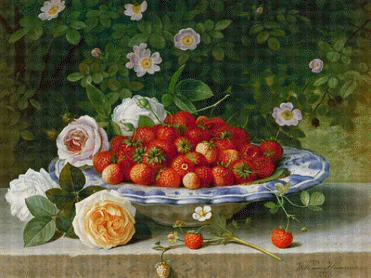 STRAWBERRIES IN A BLUE AND WHITE BUCKELTELLER WITH ROSES AND SWE - натюрморт для кухни, by william hammer (1821-89) - предпросмотр