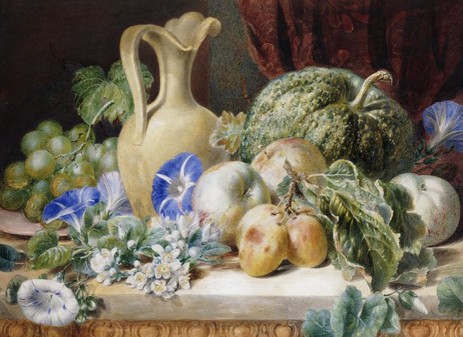 A STILL LIFE WITH A JUG, APPLES, PLUMS, GRAPES AND FLOWERS - by valentine bartholomew, (1799-1879), натюрморт для кухни - оригинал