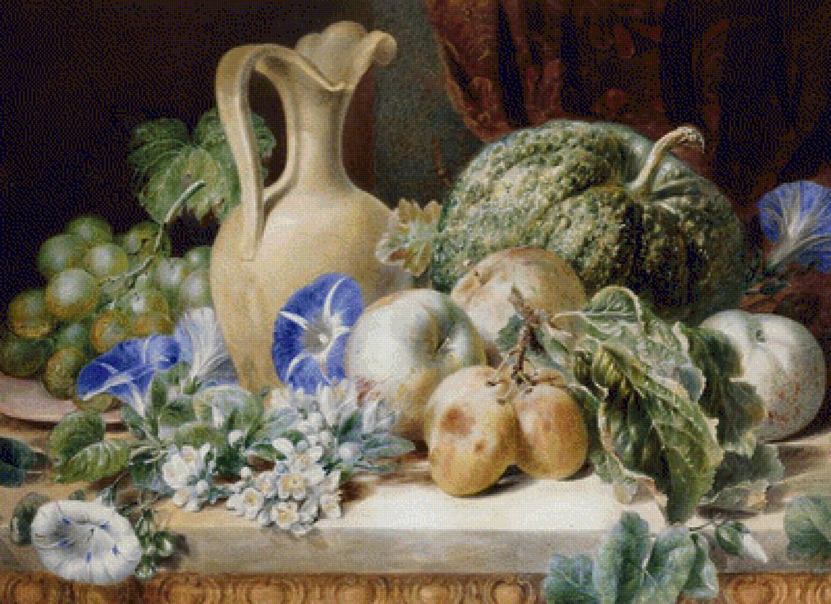 A STILL LIFE WITH A JUG, APPLES, PLUMS, GRAPES AND FLOWERS - (1799-1879), by valentine bartholomew, натюрморт для кухни - предпросмотр