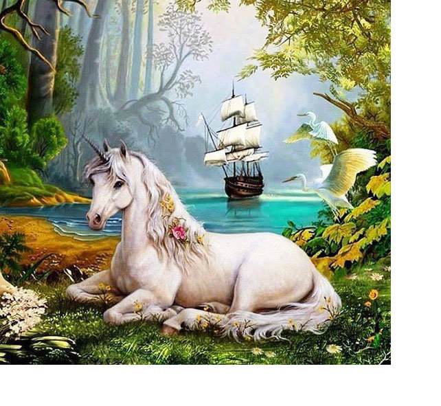 Мир животных - единорог, море, пейзаж, парусник, журавль, корабль - оригинал