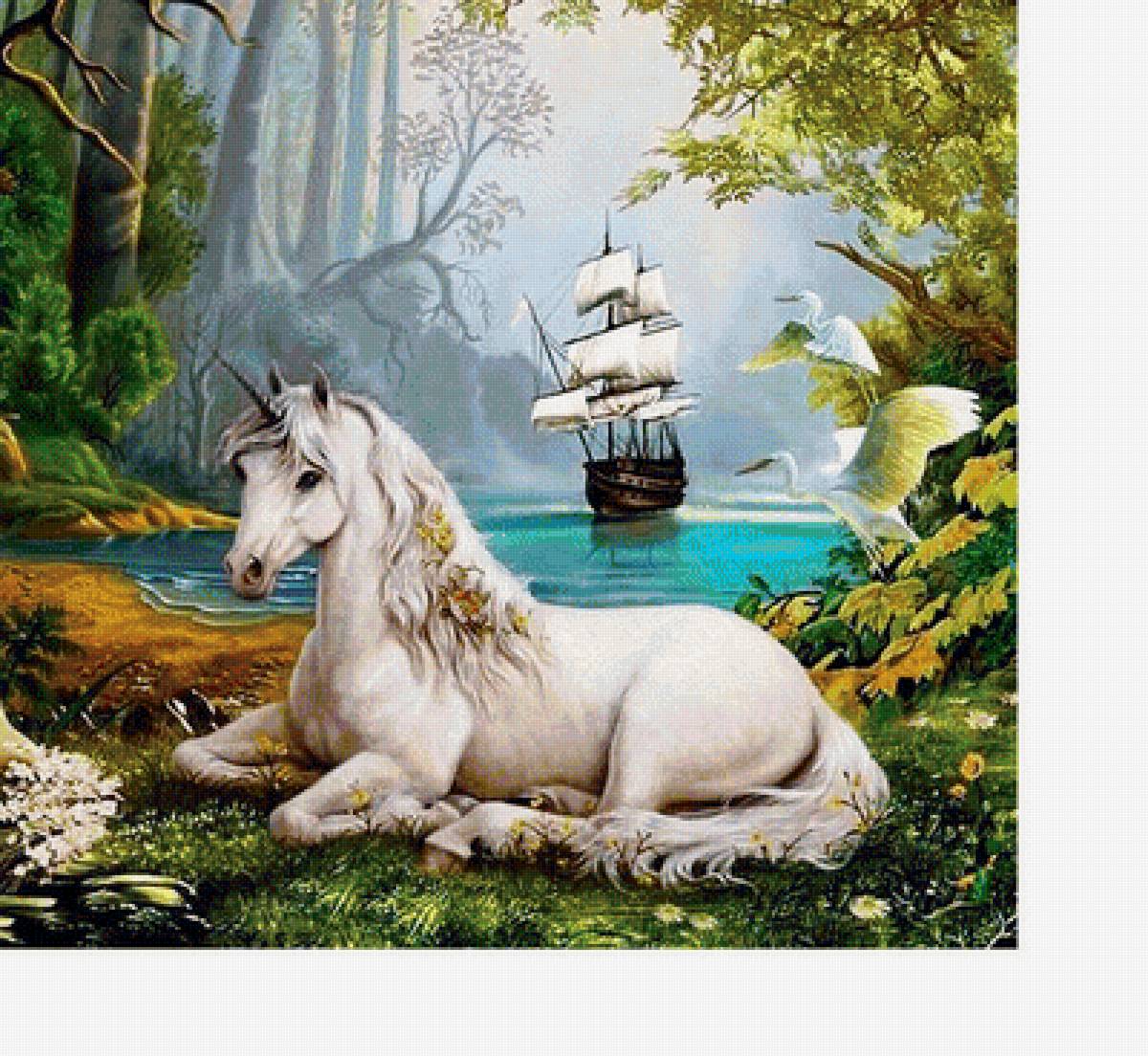 Мир животных - море, журавль, пейзаж, парусник, единорог, корабль - предпросмотр