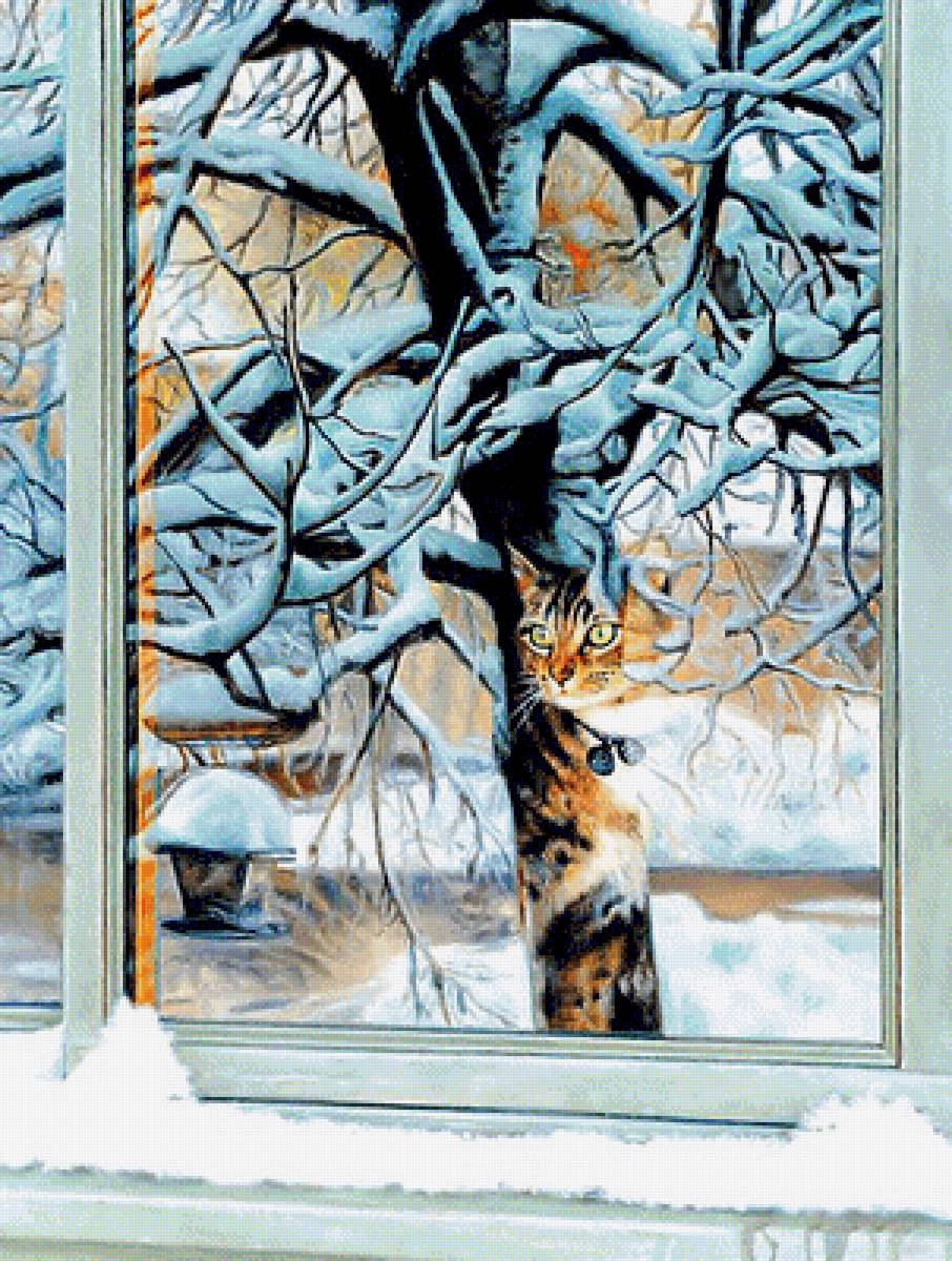 Зима. - живопись., зима, кот, животные - предпросмотр
