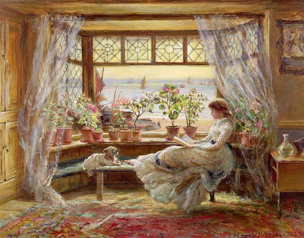 READING BY THE WINDOW, HASTINGS - by charles james lewis, (1830-92) - оригинал