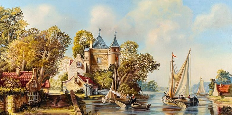 №1978011 - река, деревья, дом, лодки - оригинал