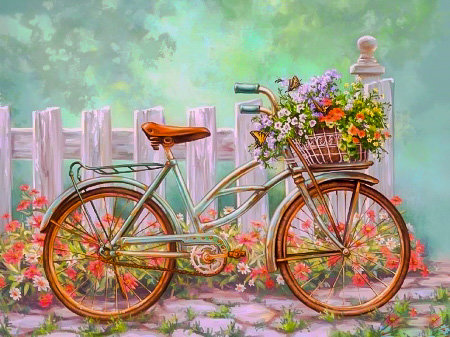 Vintage Bike Flowers. - dona gelsinger paints.scenary.flowers and gardens. - оригинал