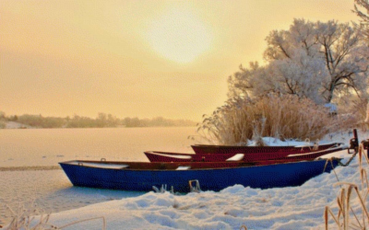 Замершая река - снег, лодки, река, зима - предпросмотр