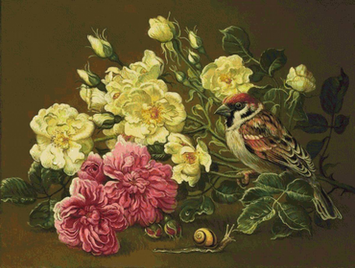 Птичка и розы - птица, цветы, розы, букет - предпросмотр