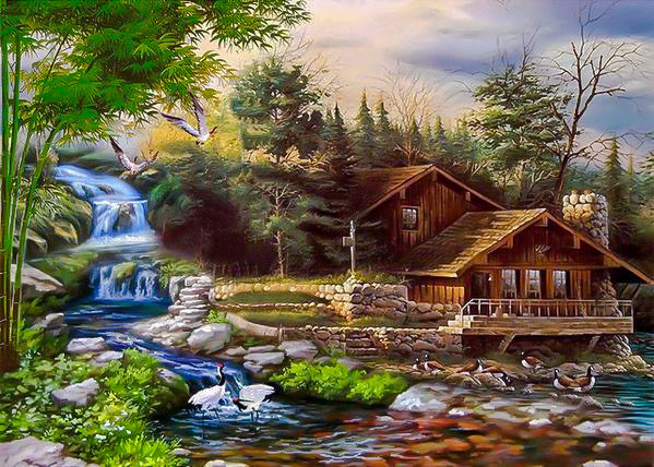 Waterfall House. - landscape.scenarys.birds. - оригинал